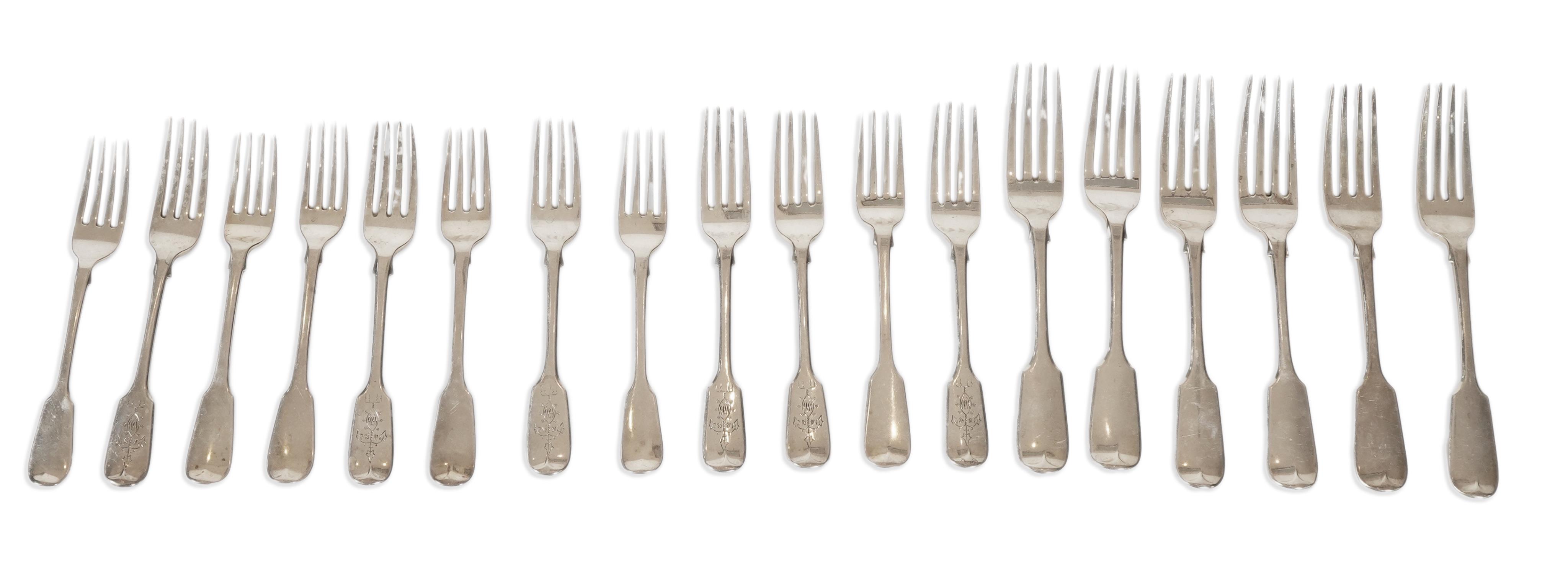 A set of twelve early Victorian provincial silver fiddle pattern table forks and six dessert forks by William Rawlings Sobey, Exeter, 1838, engraved 'Susanna Kingdon'